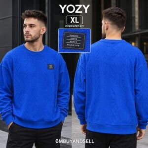 YOZY Royal Blue‎ Cable Knit Textured Crewneck Sweatshirt Mens XL Oversized Fit